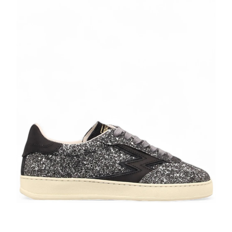 Gunmetal glitter club sneaker black logo details gummetal glitter
