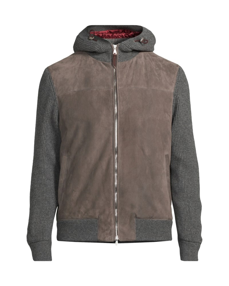 Jacka suede and cashmere knit hooded bomber