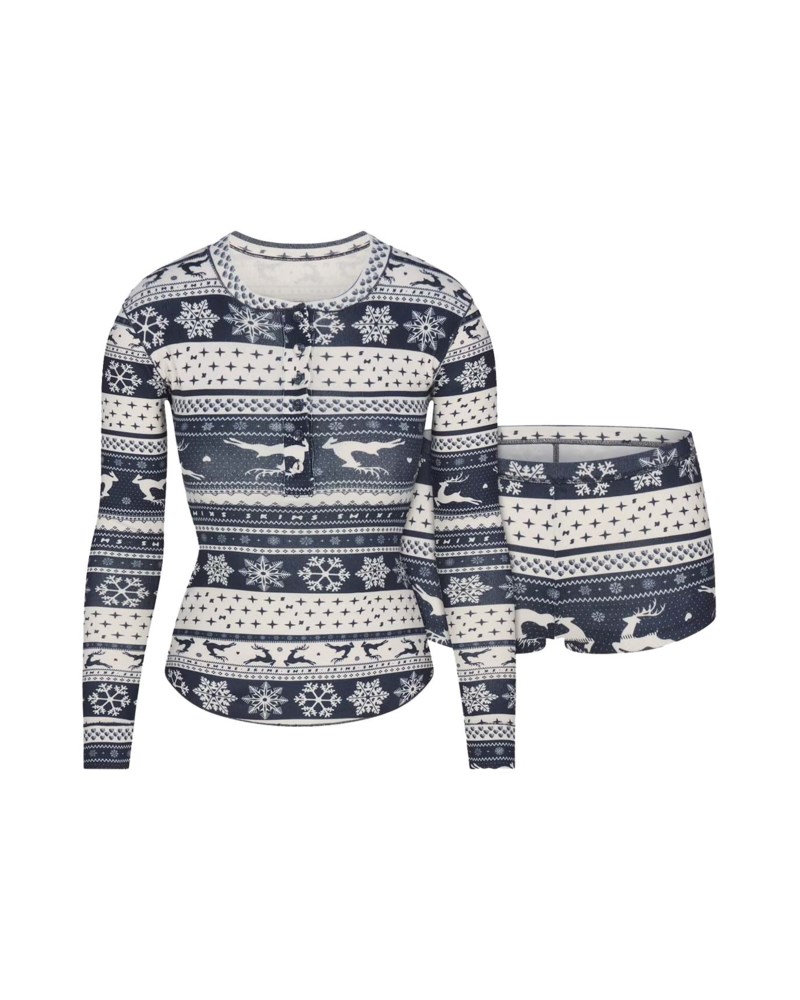 Logo plush pointelle henley set navy deer fair isle
