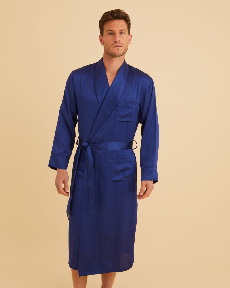 Morgonrock mens silk gown marinblå 3