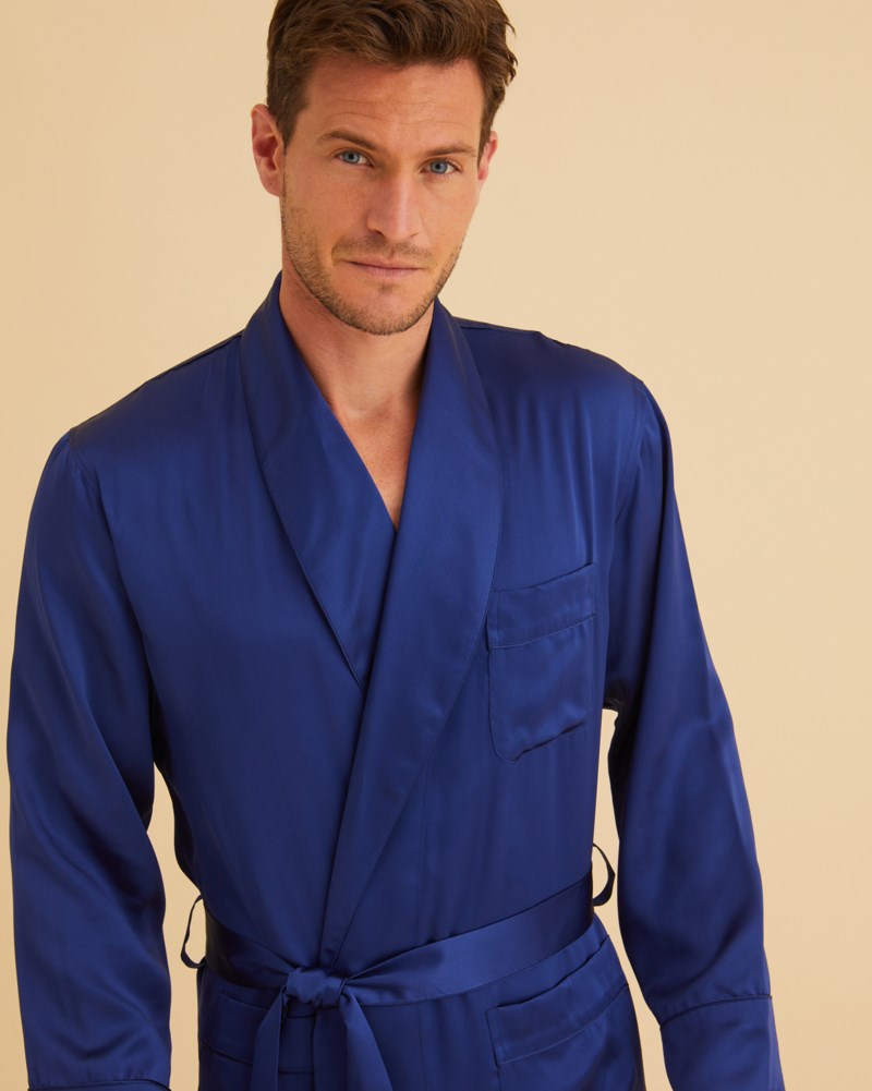 Morgonrock mens silk gown marinblå 4