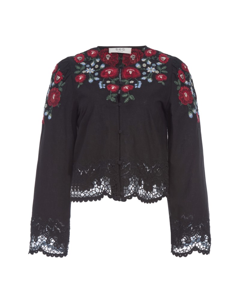 Rosaline embroidery l slv button up top svart 1