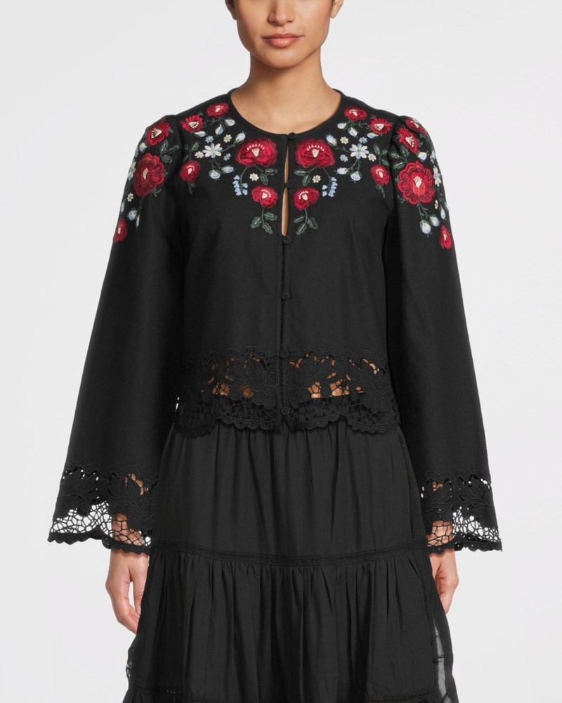 Rosaline embroidery l slv button up top svart 2