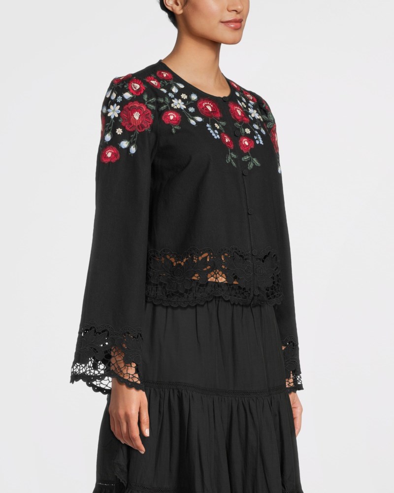 Rosaline embroidery l slv button up top svart 3