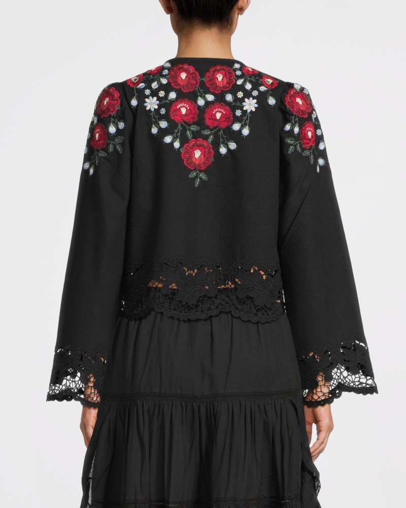 Rosaline embroidery l slv button up top svart 4