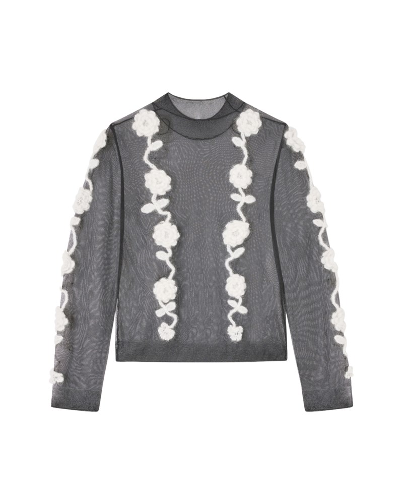 Blus sheer flower crochet applique svart 1