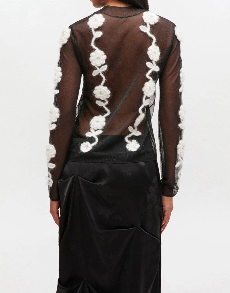Blus sheer flower crochet applique svart 2