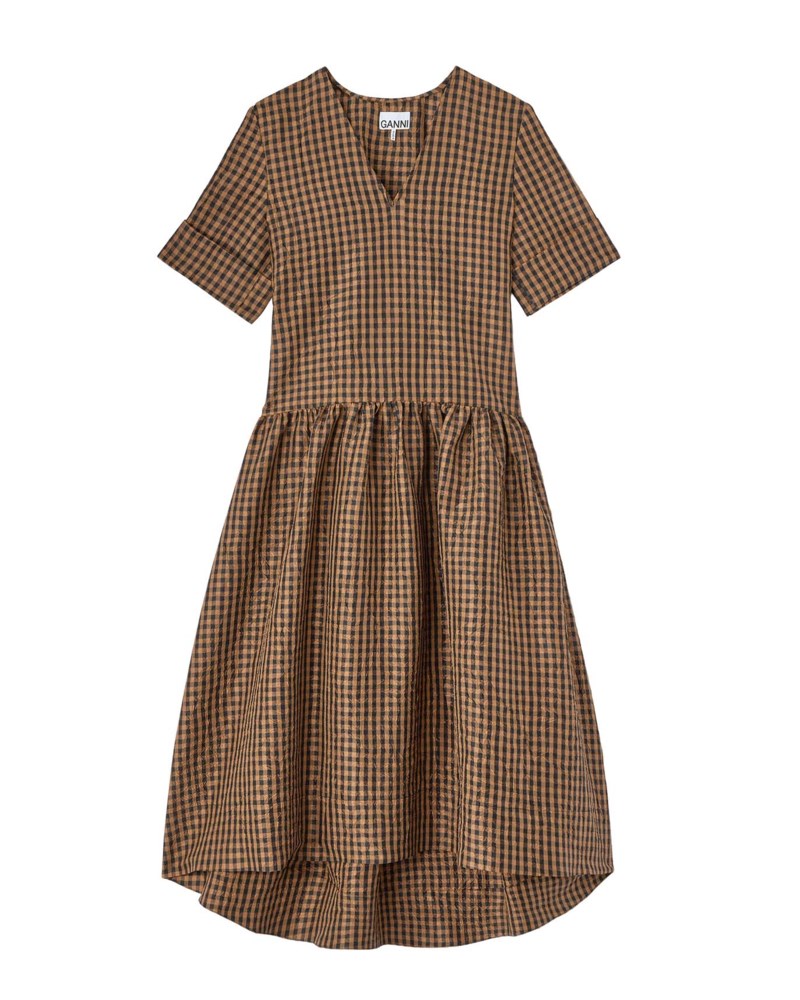 Ganni Klänning crinkled taffeta check long tobacco brown