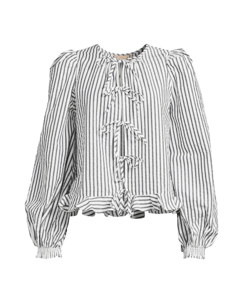Blus seersucker bow khaki stripe 2