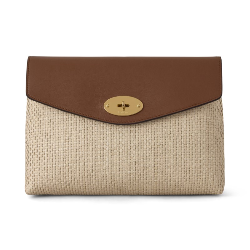 Large darley pouch ecru & bright oak raffia & leather trim