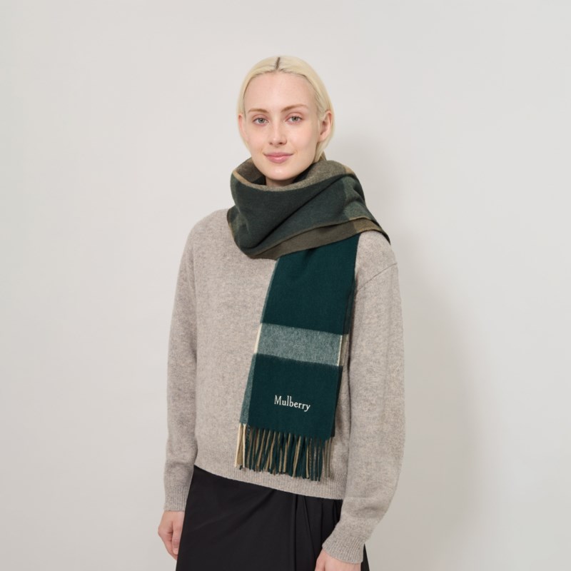Mulberry Large check merino wool scarf eggshell & olive merino wool halsdukar dam – bild 2