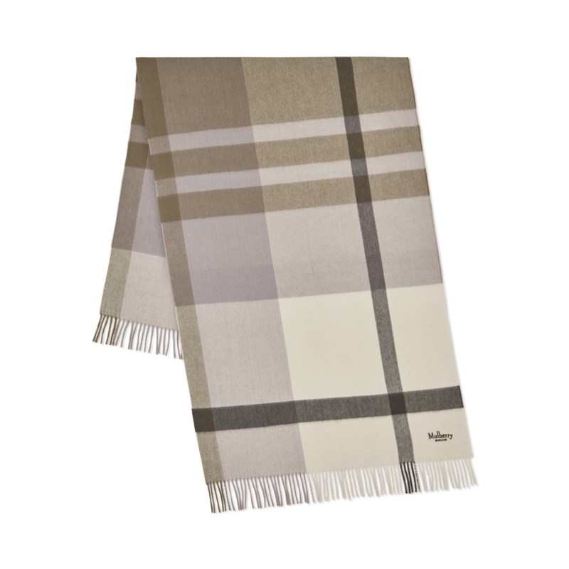 Large check merino wool scarf eggshell & olive merino wool