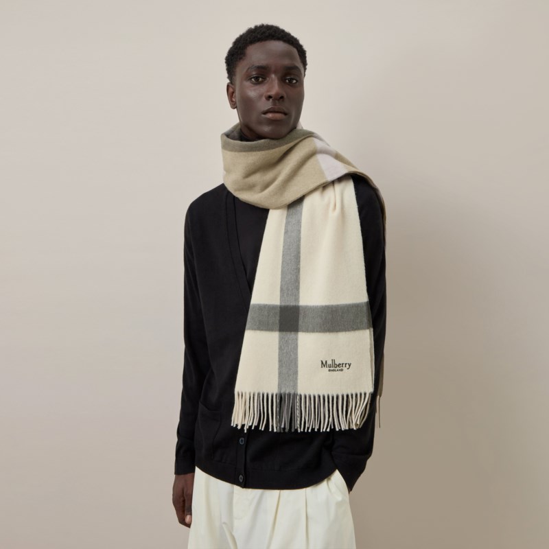 Mulberry Large check merino wool scarf eggshell & olive merino wool halsdukar dam – bild 3