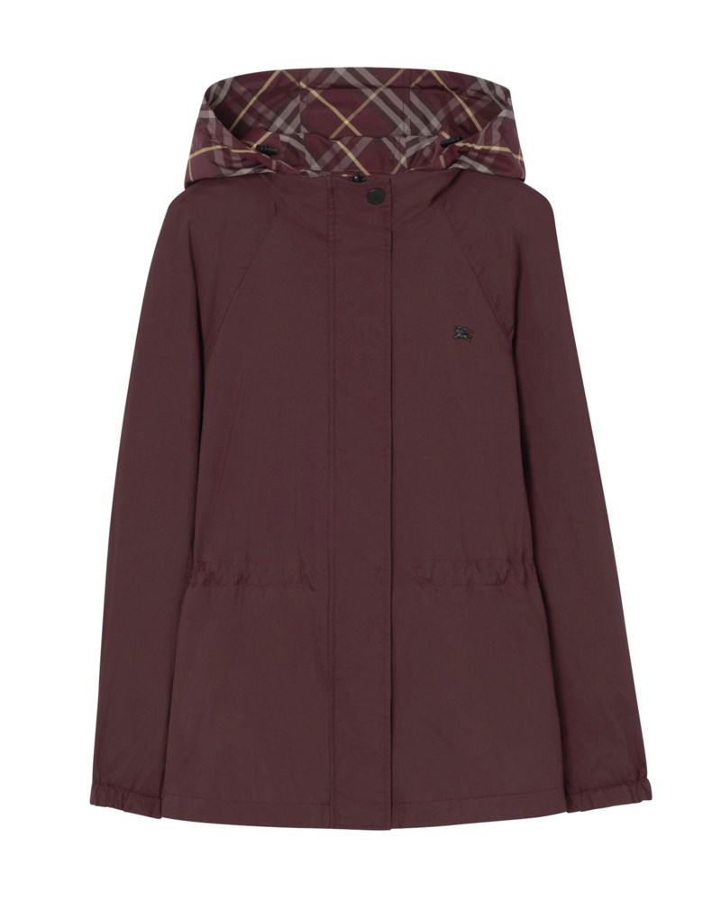 Reversible check nylon hooded jacket