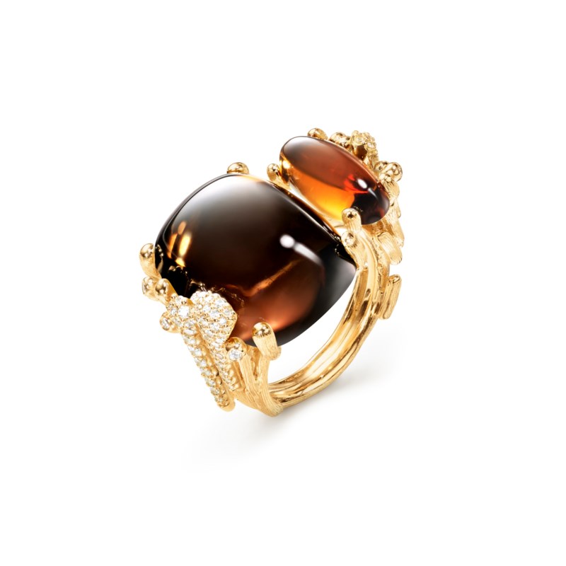 Boho ring yellow turmaline smoky quartz dia tot. 0,43ct